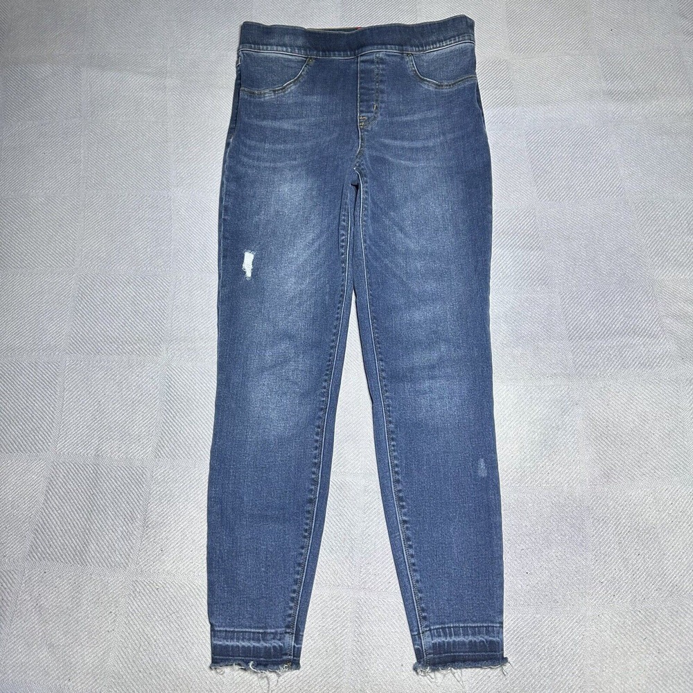 Spanx Distressed Skinny Jeans‎ Women's Size Medium Raw Hem Pull On Stretch Denim